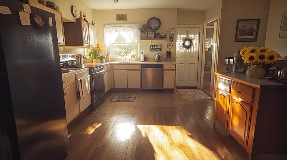 Bright kitchen with sunflowers, stainless steel appliances, and warm wooden cabinets.