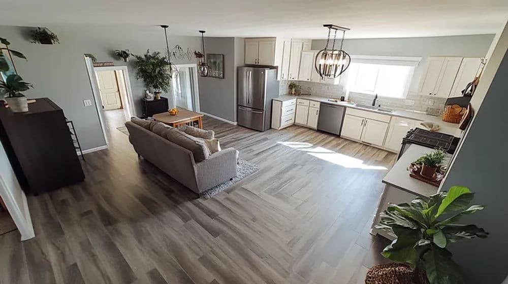 Bright, modern kitchen and living room with grey walls and wood flooring, featuring plants and natural light.