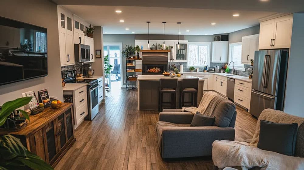 Modern kitchen and living area with sleek appliances, wooden floors, and natural light.