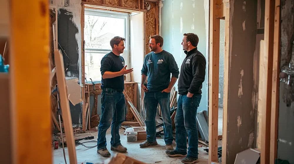 Three construction workers discussing a renovation project in a partially finished room.