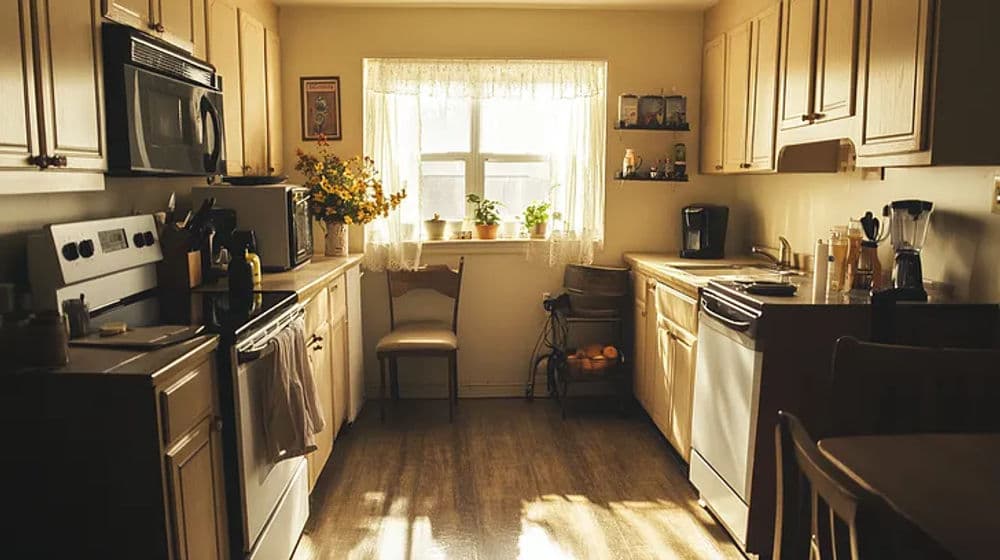 Bright kitchen with wooden cabinets, natural lighting, and a floral windowsill decoration.