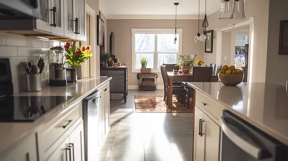 Modern kitchen with sleek countertops, dining area, and natural light from large windows.